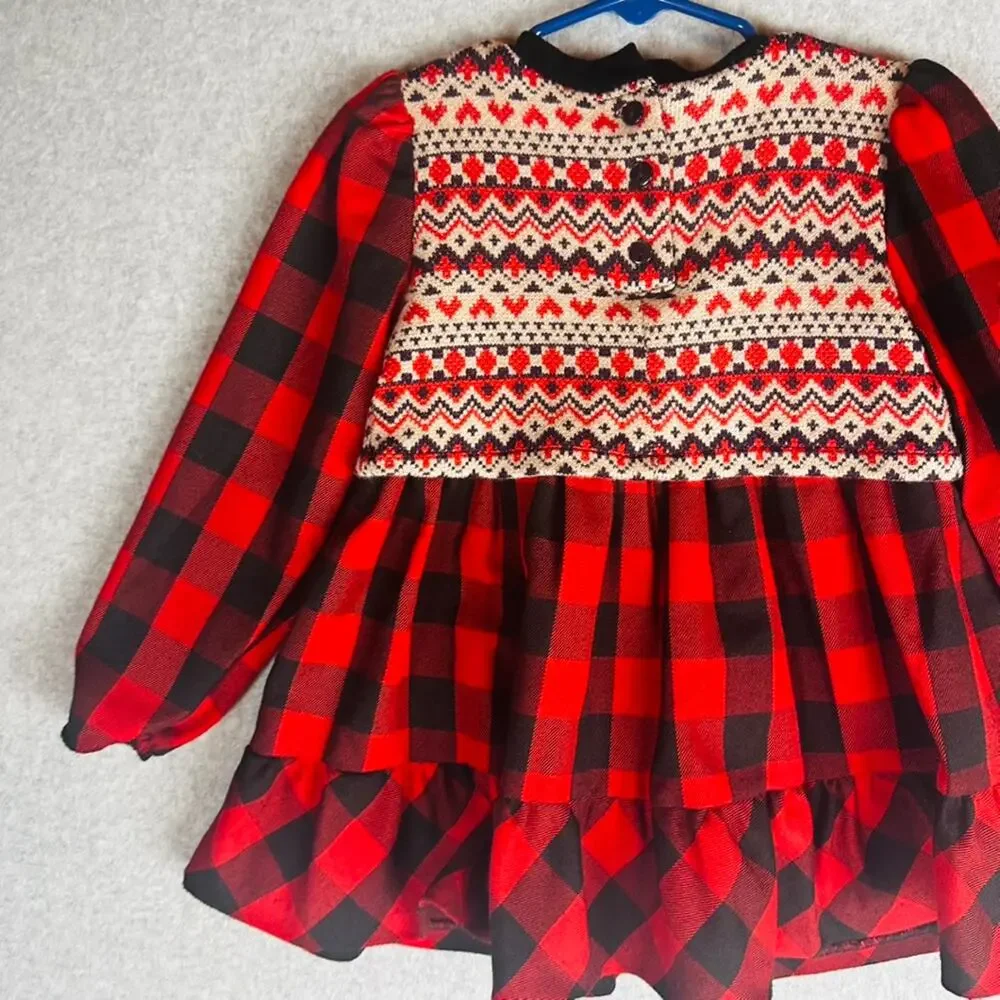 Bonnie Baby Girls Sz 4T Dress Buffalo Plaid Red Black Long‎ Sleeve Button